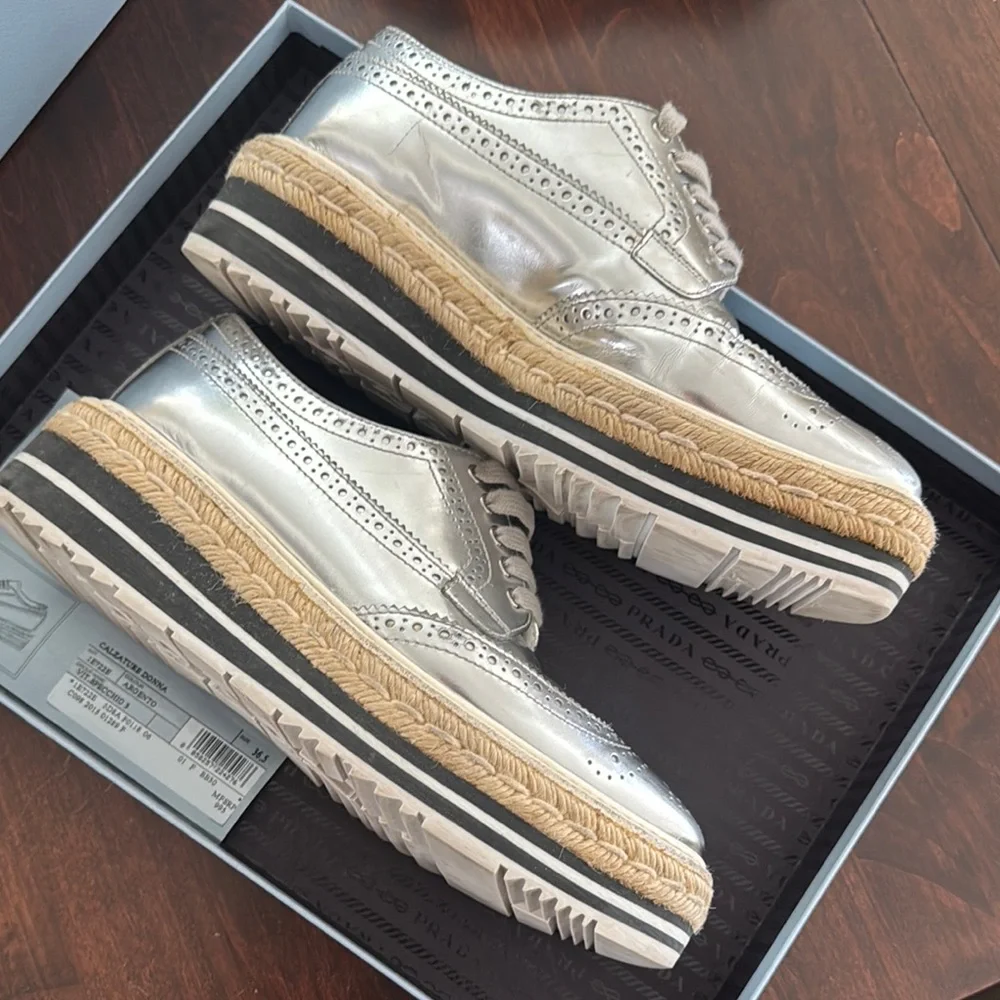 Prada Metallic Silver Espadrille Shoes